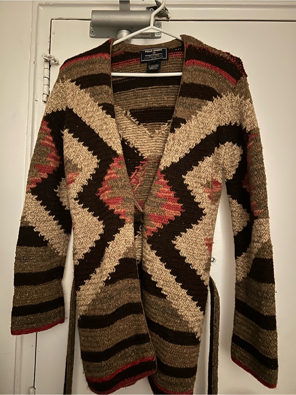 Vintage 90s Polo Sport Ralph Lauren Hand Knit Geometric Cardigan Sweater Coat S